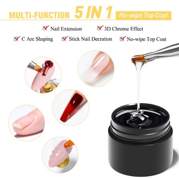 5-in-1 Glue Gel  - Reinforcement Gel, No-Wipe Top Coat, Manicure UV LED Soak Off Nail Gel Varnish for 3D Chrome Design