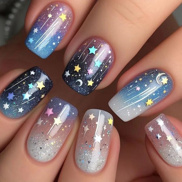 Summer Sweetheart Handmade Press On Nails  Short Coffin  Stars Moon