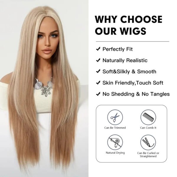 Long Straight Blonde Synthetic Wigs highlight Golden Hair Natural Female wig Middle Part Wigs For Cosplay Party Heat Resistant