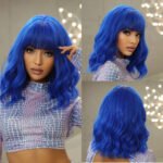 Women Grey Wavy Bob Wigs with Bangs Short Blonde Ombre Synthetic Wig with Dark Roots Natural Hair for Daily Use