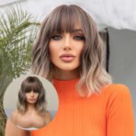 Women Grey Wavy Bob Wigs with Bangs Short Blonde Ombre Synthetic Wig with Dark Roots Natural Hair for Daily Use
