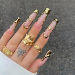 24Pcs Gold French Border False Long Coffin Press on Nails with Rhinestones Ballerina Full Cover