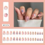 24pcs White Flower Fake Press on Nail Tips Yellow Pink Blush Full Cover Almond Shaped