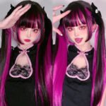 OLACARE Synthetic Long Straight Lolita Wig with Bangs Wig  Mixed Black Red Blonde Cosplay