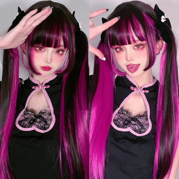 OLACARE Synthetic Long Straight Lolita Wig with Bangs Wig  Mixed Black Red Blonde Cosplay