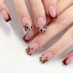 24Pcs Pink French Style Fake Press on Nails 3D Bowknot Designs Short Square