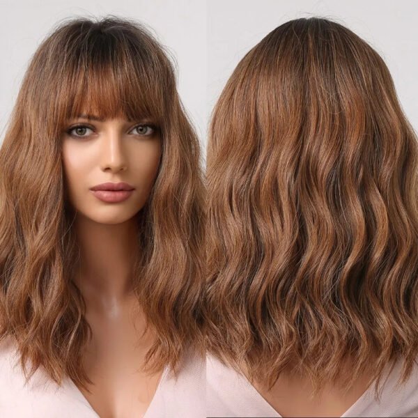 Women Grey Wavy Bob Wigs with Bangs Short Blonde Ombre Synthetic Wig with Dark Roots Natural Hair for Daily Use