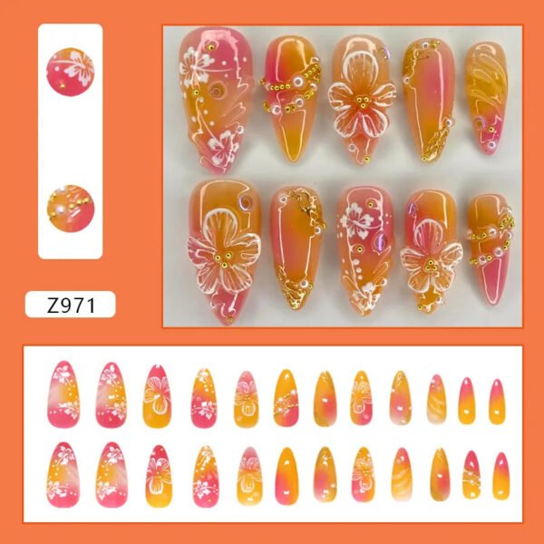 24pcs White Flower Fake Press on Nail Tips Yellow Pink Blush Full Cover Almond Shaped