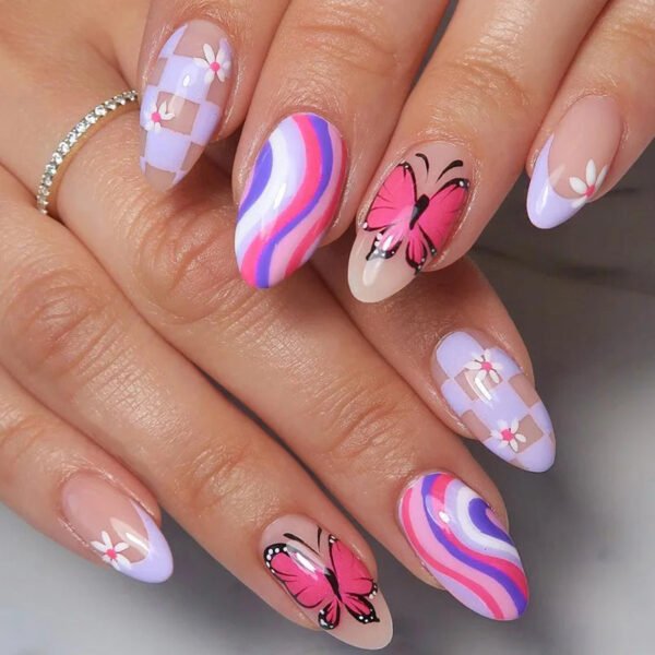 24pcs Full Cover Long False Press On Nails With Designs Light Green Stripe Gradient