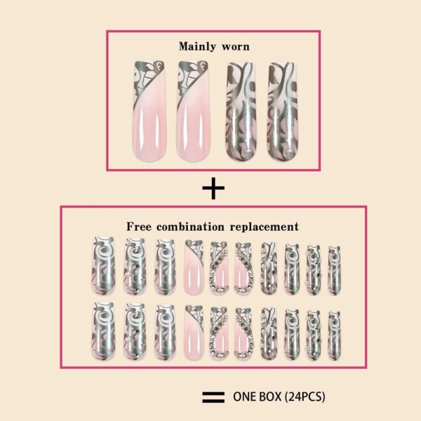 Luxury Fashion Ladies Super Long Square French Silver Vine Patchwork Diamond Heart  Full Coverage Wearable Fake Nails