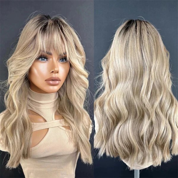 Lace Part Wigs for Women Ombre Ash Honey Blonde Colored Glueless Wigs with Bangs WEar and go 100% Natural Woman"s Wig Synthetic