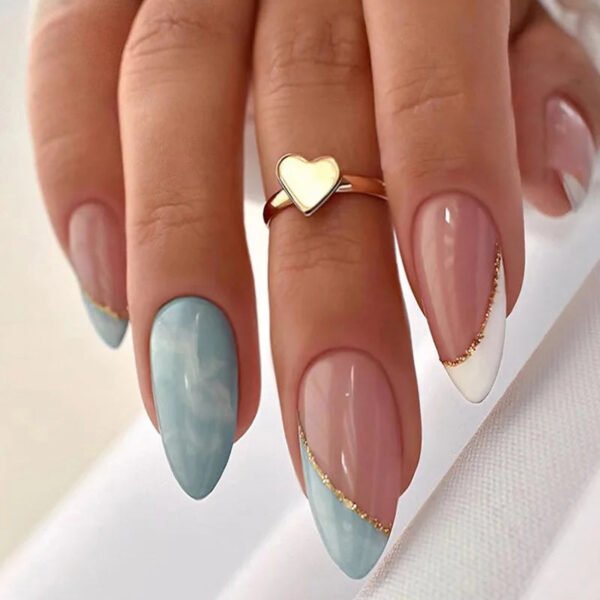 24pcs Full Cover Long False Press On Nails With Designs Light Green Stripe Gradient