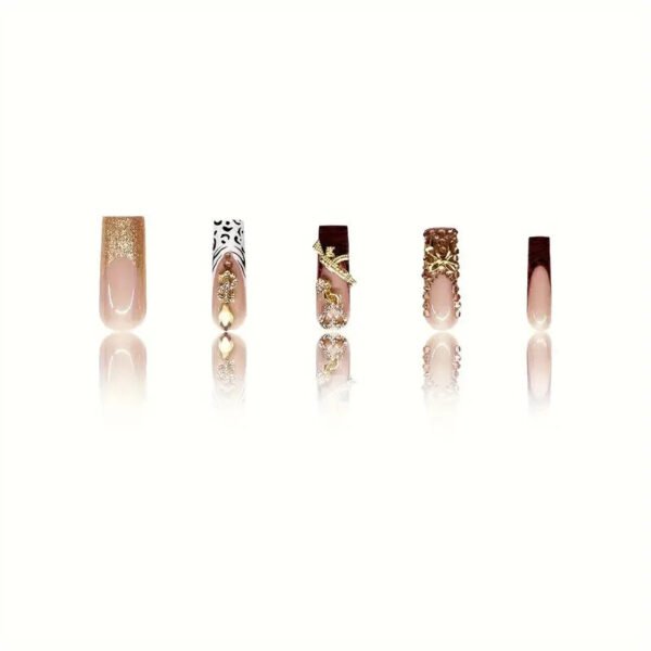 24 pieces of long square Gold Diamond French white leopard False Nails