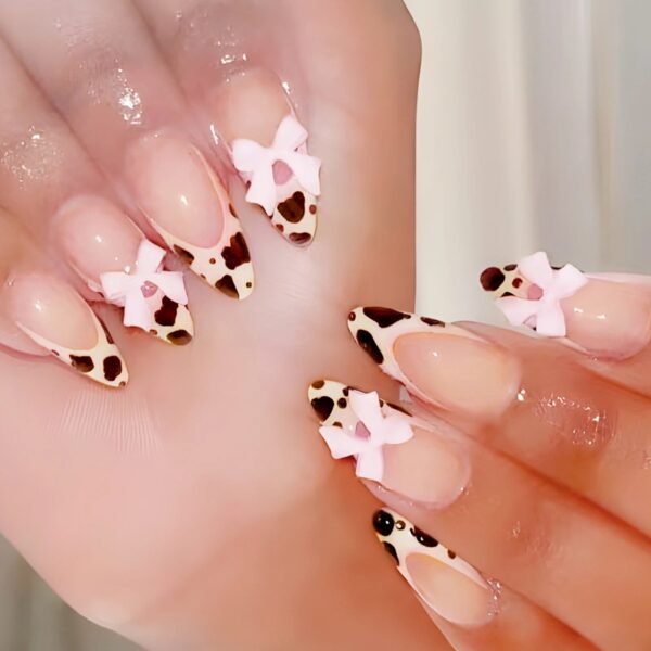 24Pcs Pink French Style Fake Press on Nails 3D Bowknot Designs Short Square