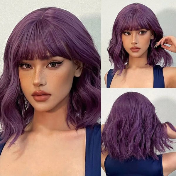 Women Grey Wavy Bob Wigs with Bangs Short Blonde Ombre Synthetic Wig with Dark Roots Natural Hair for Daily Use