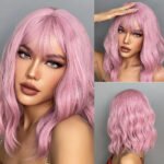 Women Grey Wavy Bob Wigs with Bangs Short Blonde Ombre Synthetic Wig with Dark Roots Natural Hair for Daily Use