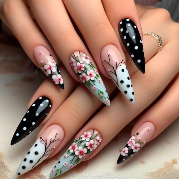 24Pcs French False Press On Nails Purple Edge  Almond Bow Flower Design