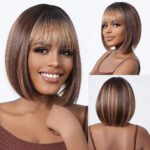 Brown Blonde Ombre Synthetic Wigs Short Straight Bob Wigs for Women Middle Part Lolita Cosplay Natural Hair Heat Resistant Fiber