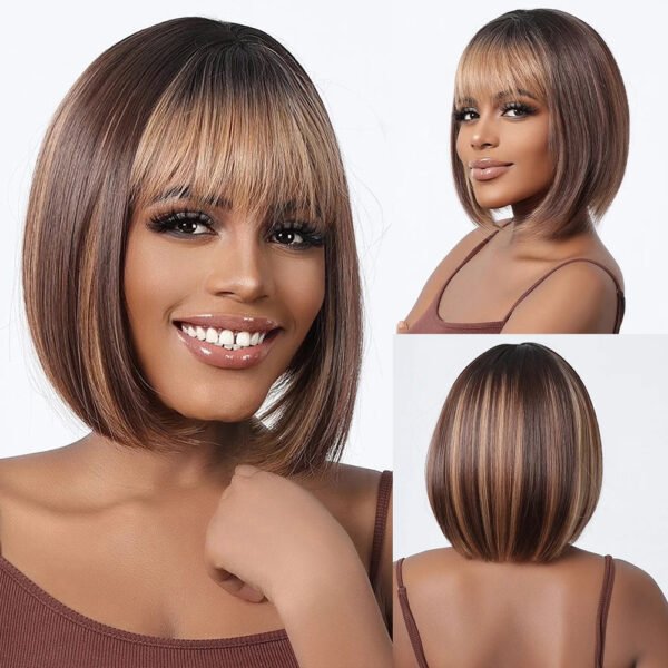 Brown Blonde Ombre Synthetic Wigs Short Straight Bob Wigs for Women Middle Part Lolita Cosplay Natural Hair Heat Resistant Fiber