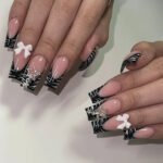 24Pcs Pink French Style Fake Press on Nails 3D Bowknot Designs Short Square