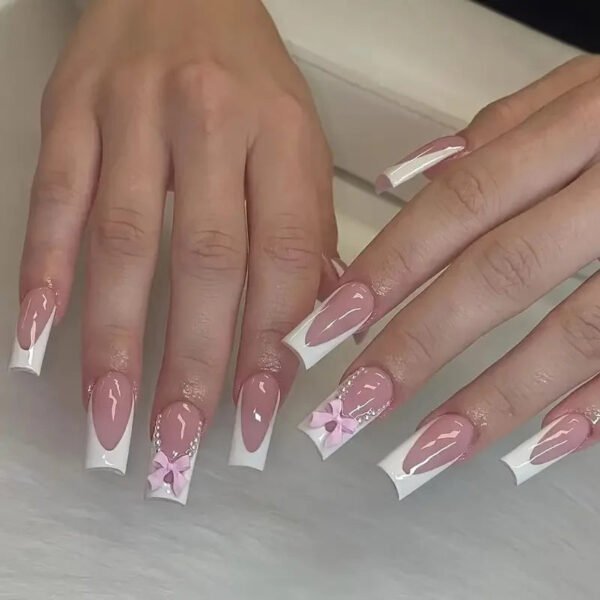 24Pcs Pink French Style Fake Press on Nails 3D Bowknot Designs Short Square