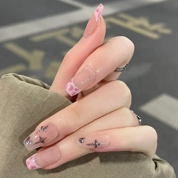 24Pcs Pink French Style Fake Press on Nails 3D Bowknot Designs Short Square