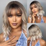 Women Grey Wavy Bob Wigs with Bangs Short Blonde Ombre Synthetic Wig with Dark Roots Natural Hair for Daily Use