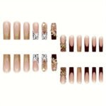 24 pieces of long square Gold Diamond French white leopard False Nails