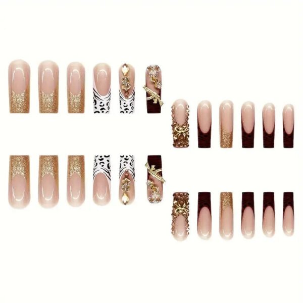 24 pieces of long square Gold Diamond French white leopard False Nails