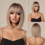 Brown Blonde Ombre Synthetic Wigs Short Straight Bob Wigs for Women Middle Part Lolita Cosplay Natural Hair Heat Resistant Fiber