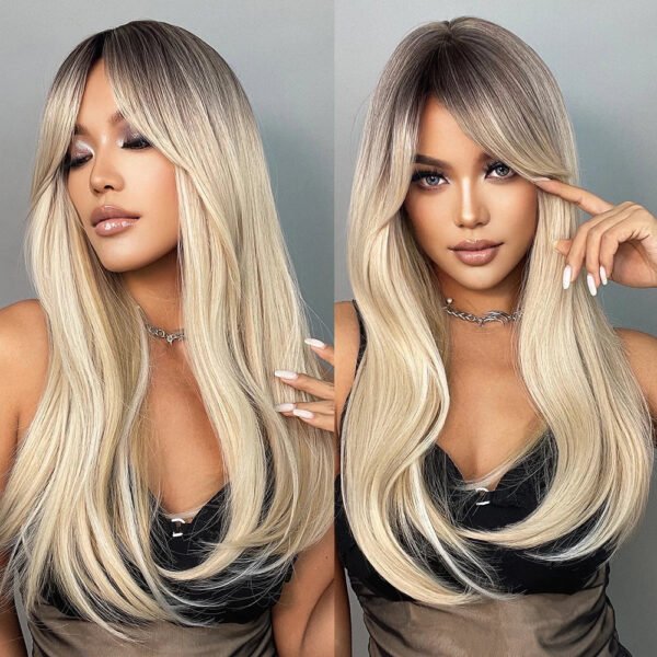 Long Straight Blonde Synthetic Wigs highlight Golden Hair Natural Female wig Middle Part Wigs For Cosplay Party Heat Resistant