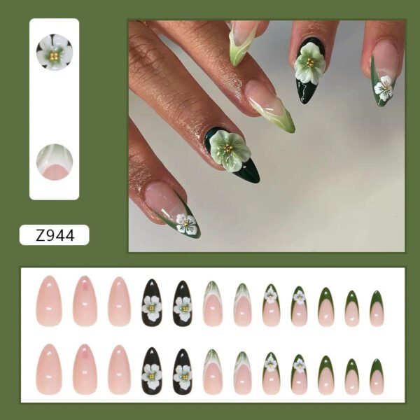 24pcs White Flower Fake Press on Nail Tips Yellow Pink Blush Full Cover Almond Shaped