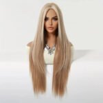 Long Straight Blonde Synthetic Wigs highlight Golden Hair Natural Female wig Middle Part Wigs For Cosplay Party Heat Resistant