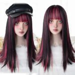 OLACARE Synthetic Long Straight Lolita Wig with Bangs Wig  Mixed Black Red Blonde Cosplay