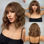 Women Grey Wavy Bob Wigs with Bangs Short Blonde Ombre Synthetic Wig with Dark Roots Natural Hair for Daily Use