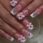24Pcs Pink French Style Fake Press on Nails 3D Bowknot Designs Short Square