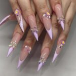 24Pcs French False Press On Nails Purple Edge  Almond Bow Flower Design