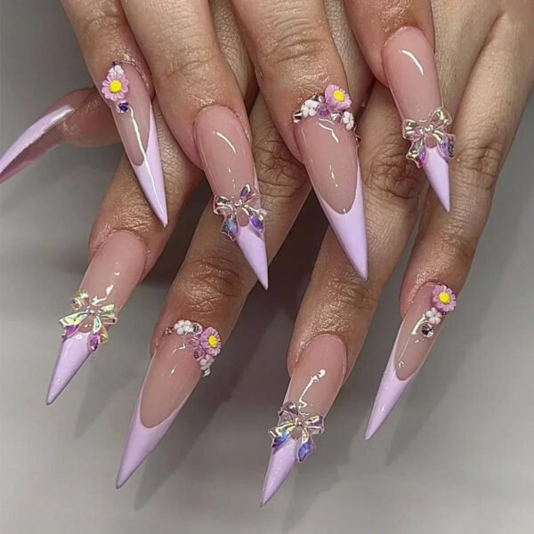 24Pcs French False Press On Nails Purple Edge  Almond Bow Flower Design