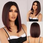 Brown Blonde Ombre Synthetic Wigs Short Straight Bob Wigs for Women Middle Part Lolita Cosplay Natural Hair Heat Resistant Fiber
