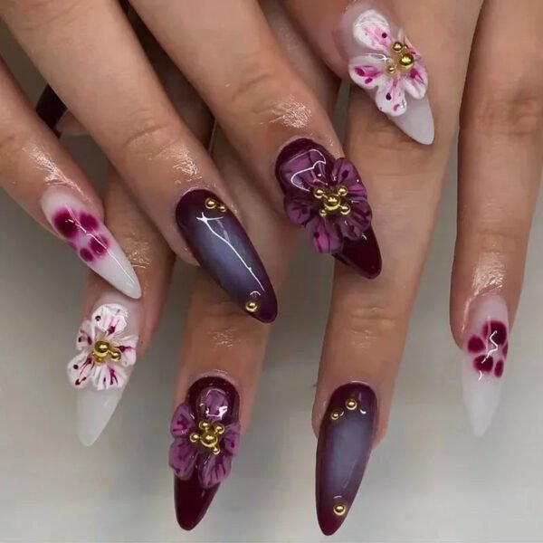 24Pcs French False Press On Nails Purple Edge  Almond Bow Flower Design