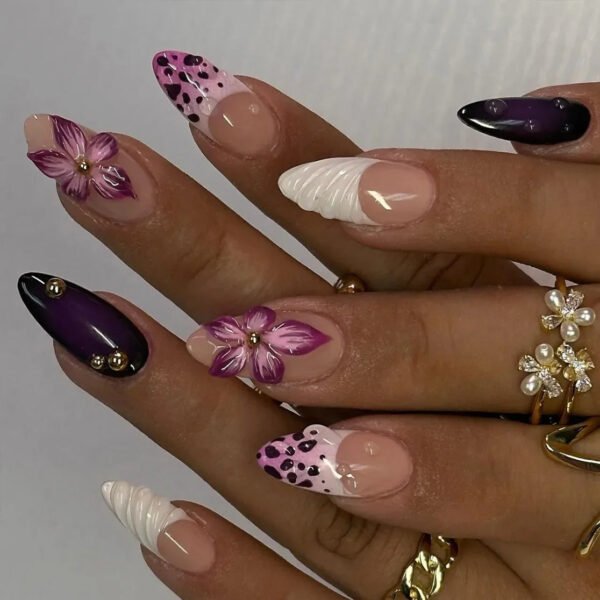 24Pcs French False Press On Nails Purple Edge  Almond Bow Flower Design