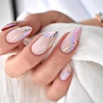 24pcs Full Cover Long False Press On Nails With Designs Light Green Stripe Gradient