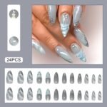 24pcs White Flower Fake Press on Nail Tips Yellow Pink Blush Full Cover Almond Shaped
