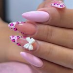 24Pcs Pink French Style Fake Press on Nails 3D Bowknot Designs Short Square