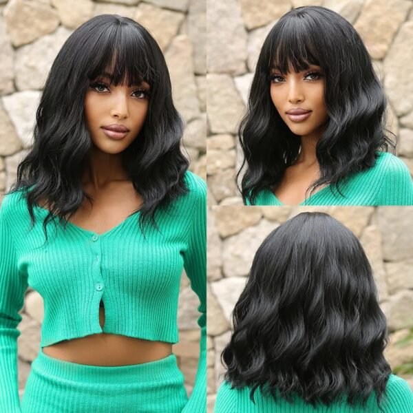 Women Grey Wavy Bob Wigs with Bangs Short Blonde Ombre Synthetic Wig with Dark Roots Natural Hair for Daily Use