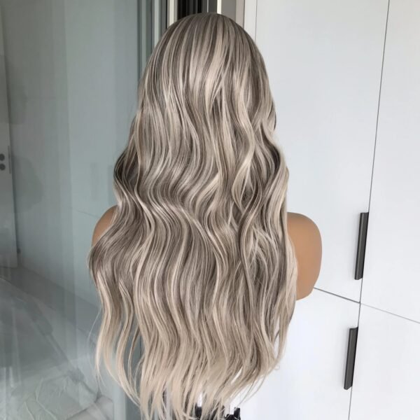 Highlight Ash Platinum Blonde Body Wave Synthetic Lace Front Wig for Women Long Wavy Pre Plucked Heat Resistant Fiber Wig