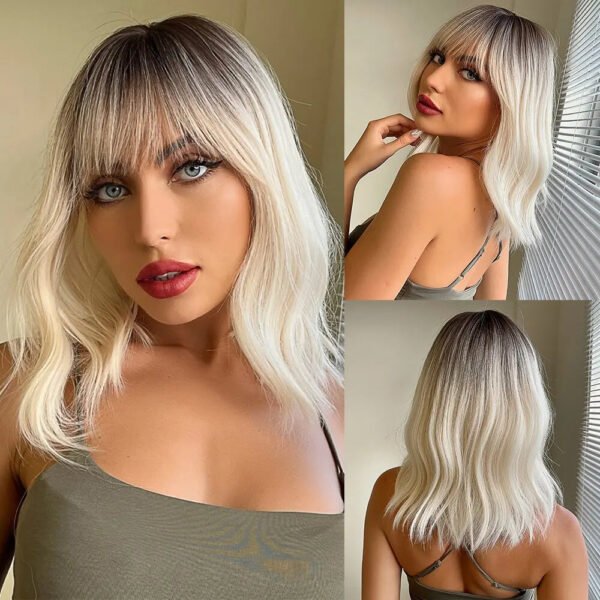 Women Grey Wavy Bob Wigs with Bangs Short Blonde Ombre Synthetic Wig with Dark Roots Natural Hair for Daily Use