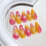 24pcs White Flower Fake Press on Nail Tips Yellow Pink Blush Full Cover Almond Shaped