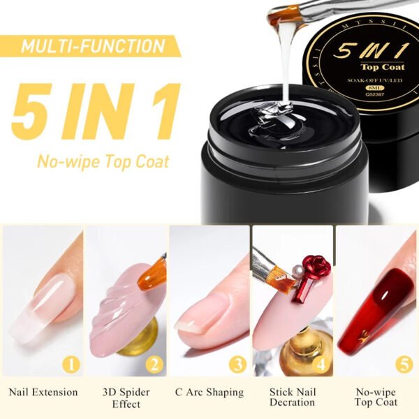 5-in-1 Glue Gel  - Reinforcement Gel, No-Wipe Top Coat, Manicure UV LED Soak Off Nail Gel Varnish for 3D Chrome Design