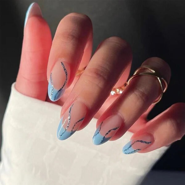 24pcs Full Cover Long False Press On Nails With Designs Light Green Stripe Gradient